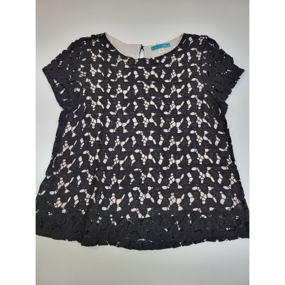 Pim + Larkin Womens M Black Crochet Lace Blouse Top Beige Lined Short Sleeve